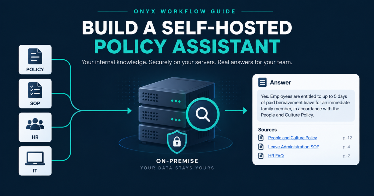 Self-hosted Onyx policy assistant connecting policy, SOP, HR, and IT documents to a cited answer.